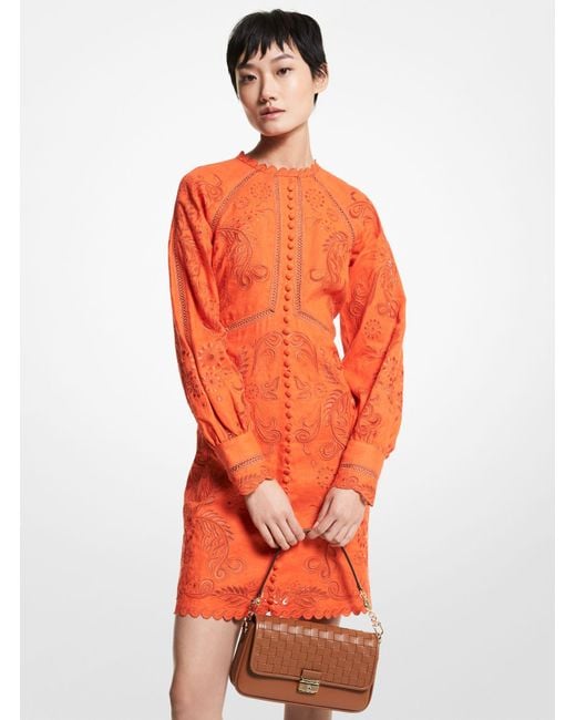 Michael Kors Floral Embroidered Hemp Mini Dress in Orange | Lyst Canada
