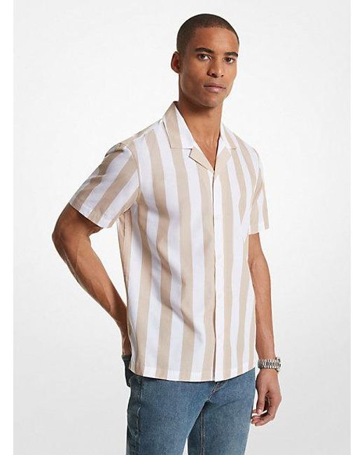 Michael Kors White Striped Cotton Blend Camp Shirt for men