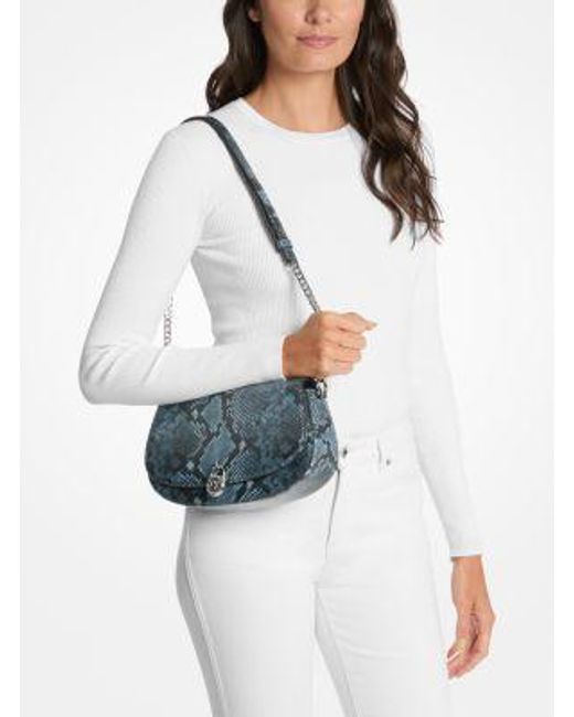Michael Kors White Mila Medium Snake Embossed Messenger Bag