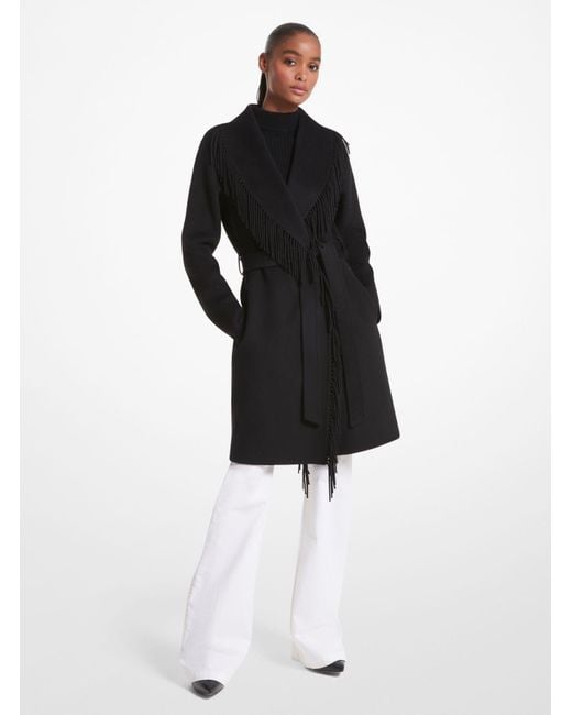 Michael Kors Black Fringe Wool Blend Belted Coat