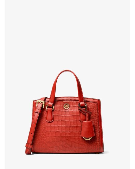 MICHAEL Michael Kors Red Mk Chantal Extra-Small Crocodile Embossed Leather Messenger Bag