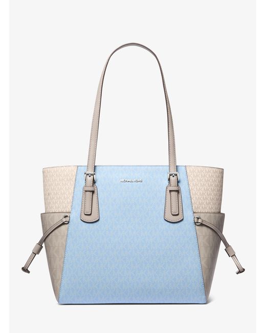 Michael Kors Outlet Blue Mk Voyager Large Color-Block Signature Logo Tote Bag