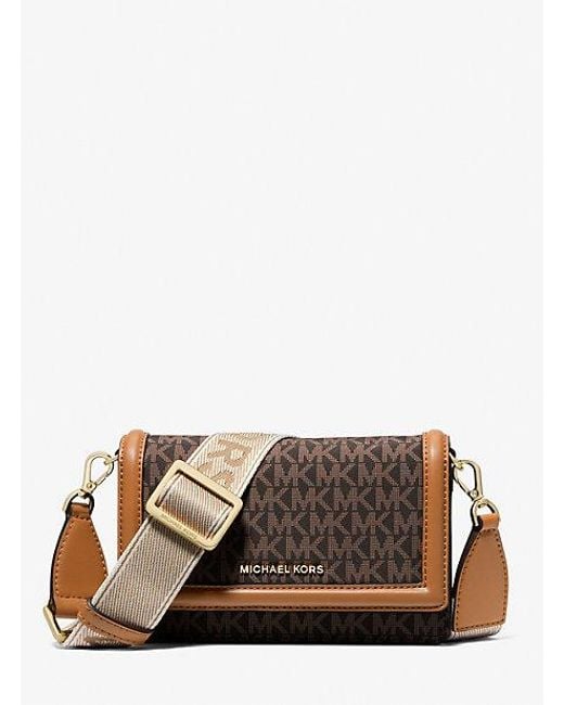 Michael Kors Brown Jet Set Small Logo Print Woven Smartphone Crossbody Bag