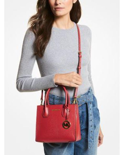 Michael Kors Red Mercer Medium Pebbled Leather Crossbody Bag