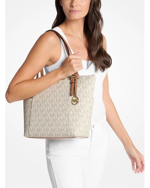 Michael Kors Outlet White Mk Charlotte Medium Signature Logo Top-Zip Tote Bag