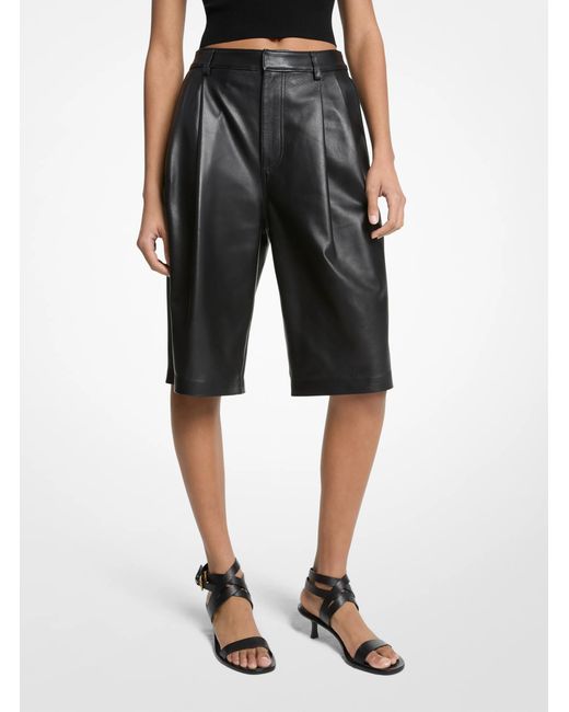 MICHAEL Michael Kors Black Mk Pleated Leather Bermuda Shorts