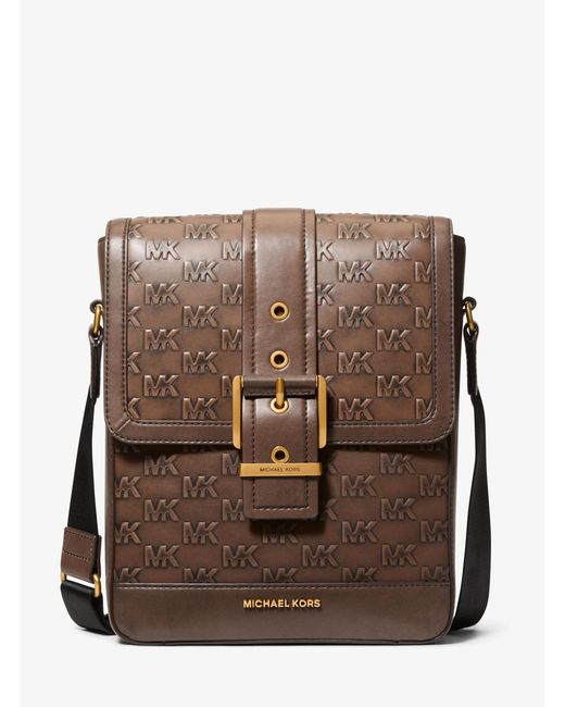 Michael Kors Brown Colby Logo Embossed Burnished Leather Messenger Bag for men