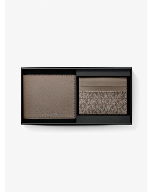 Michael Kors Outlet Gray Mk Pebbled Leather Billfold Wallet And Signature Logo Card Case Gift Set for men
