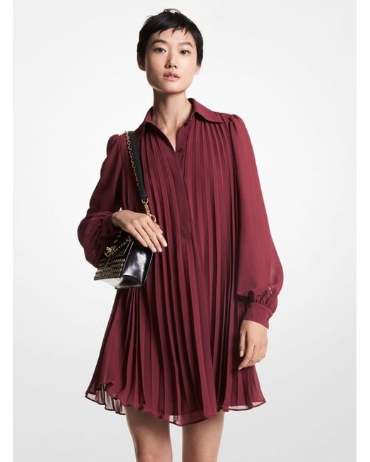 Michael Kors Red Georgette Pleated Shirtdress