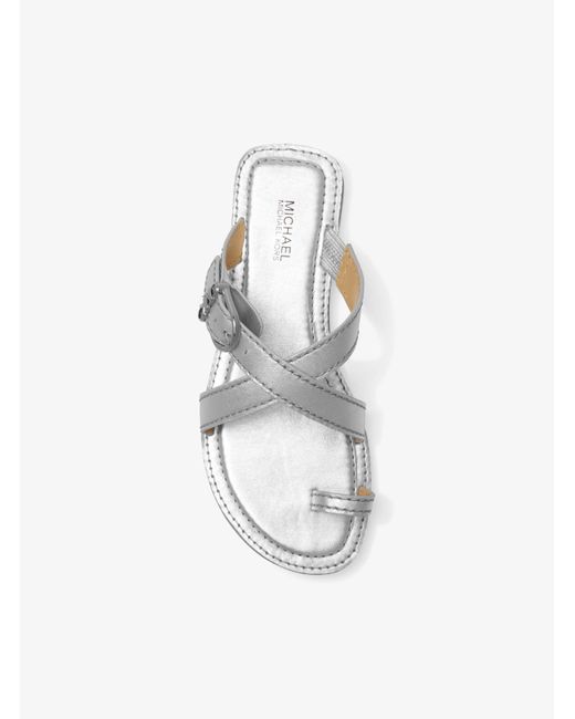Michael Kors White Ashton Metallic Leather Flat Sandal