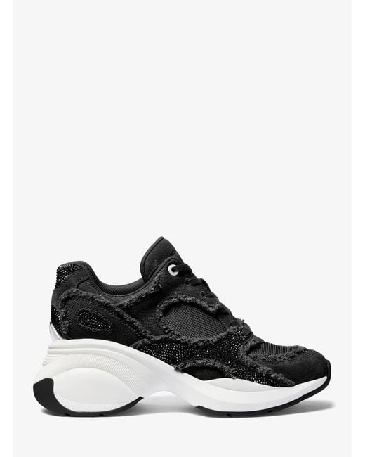 MICHAEL Michael Kors Black Mk Zuma Embellished Frayed Mixed-Media Trainer