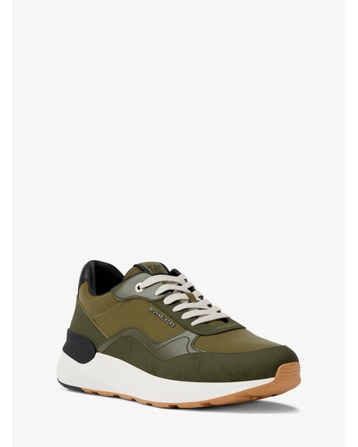 Michael Kors Green Mk Trevor Leather And Corded Twill Trainer for men