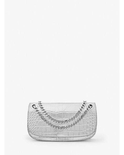 Michael Kors White Christie Mini Crocodile Embossed Leather Envelope Bag