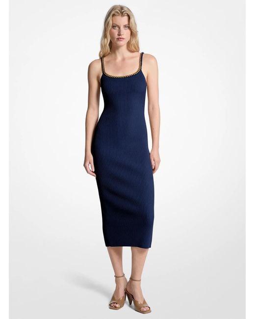 MICHAEL Michael Kors Blue Chain Ribbed Stretch Knit Midi Dress