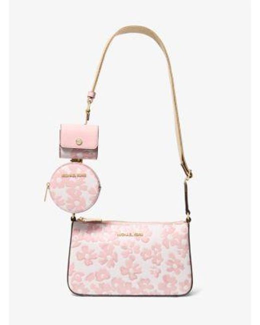 Michael Kors Pink Jet Set Small Sequined Floral Print Crossbody Bag With Case For Apple Airpods Pro