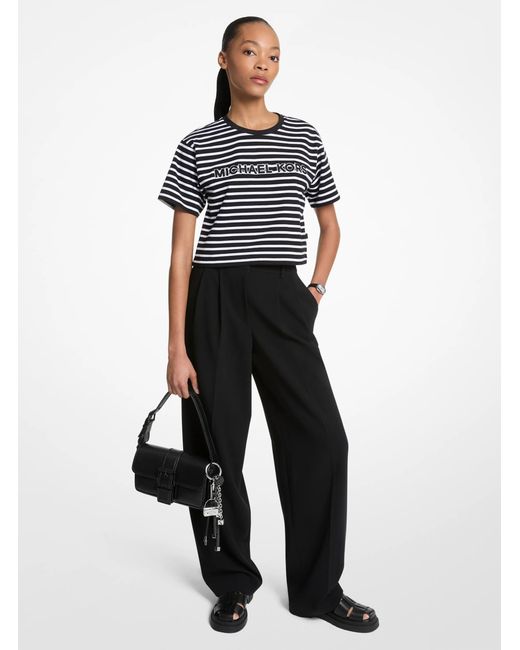 MICHAEL Michael Kors White Mk Striped Logo Cotton Cropped T-Shirt