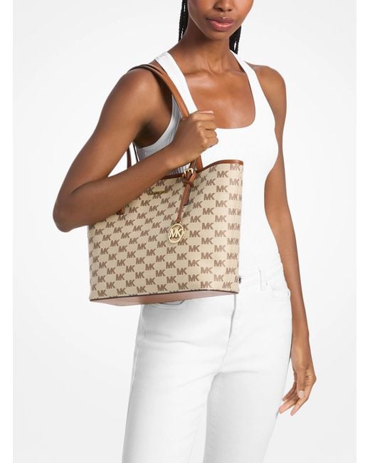 Michael Kors Outlet White Mk Jet Set Medium Logo Jacquard Tote Bag