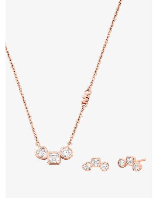 Michael Kors White Mk Precious Metal-Plated Cubic Zirconia Necklace And Stud Earrings Set