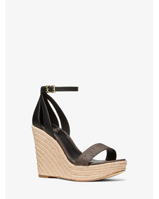 Michael Kors Kimberly Logo And Leather Wedge Sandal in Brown | Lyst Canada