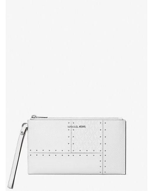 Michael Kors White Jet Set Travel Large Studded Patchwork And Signature Logo Wristlet
