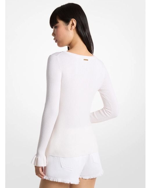MICHAEL Michael Kors White Mk Ribbed Wool Blend V-Neck Jumper