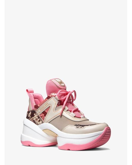 Michael Kors Pink Olympia Two-tone Python Embossed Leather And Canvas Trainer