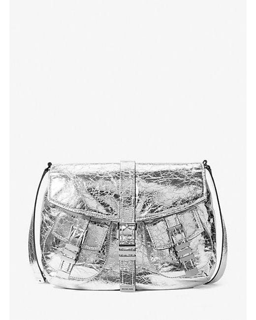 Michael Kors Metallic Mk Darrington Large Crackled Leather Shoulder Bag