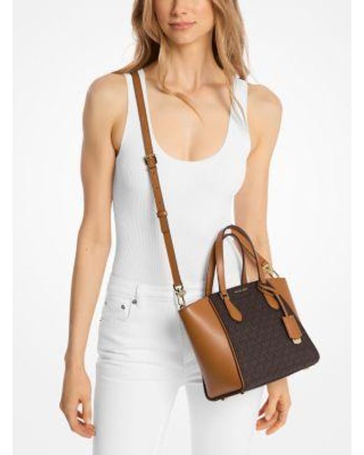 Michael Kors Brown Taryn Small Signature Logo And Leather Convertible Crossbody Bag