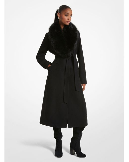 Michael Kors Black Faux Fur Trim Wool Blend Coat