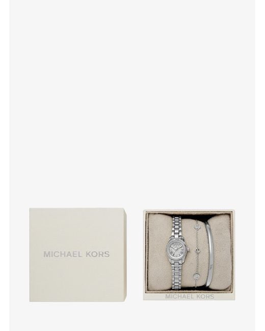 Michael Kors White Mk Petite Lexington Pavé-Tone Watch And Jewelry Gift Set for men
