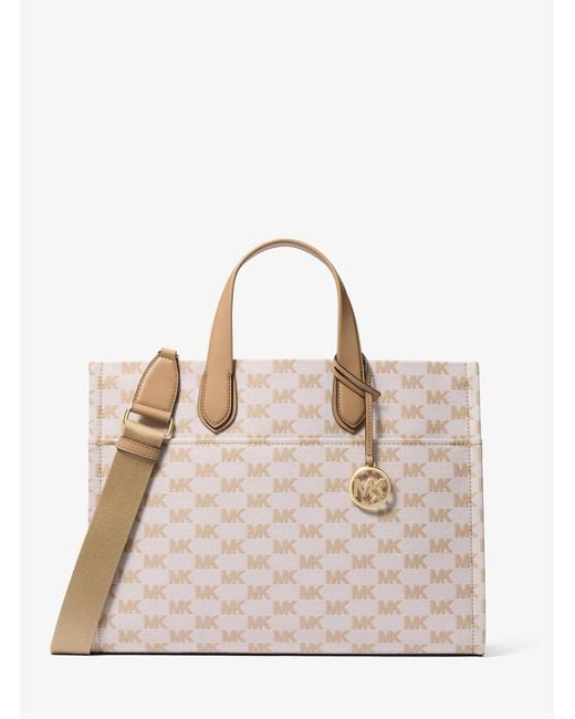 Michael Kors Outlet Natural Mk Gigi Large Logo Jacquard Large Tote Bag