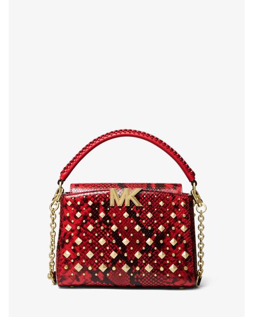 Michael Kors Red Karlie Small Studded Snake Embossed Leather Crossbody Bag