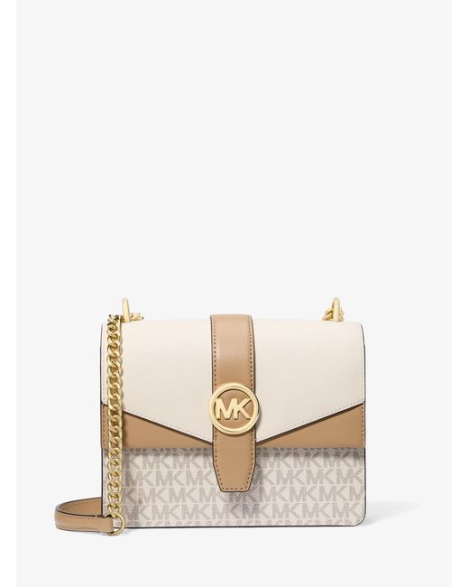 Michael Kors Outlet Natural Mk Greenwich Small Color-Block Signature Logo Crossbody Bag