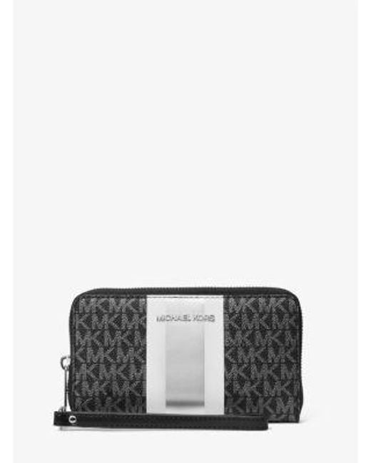 Michael Kors Gray Jet Set Large Metallic Signature Logo Stripe Smartphone Wallet