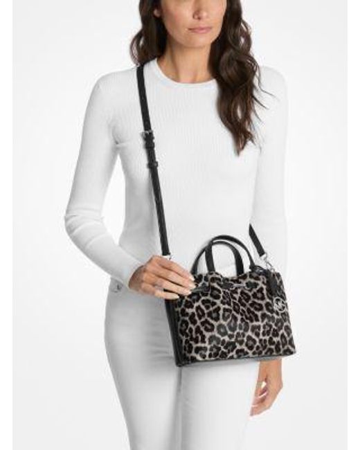 Michael Kors Black Carson Small Leopard Print Calf Hair Satchel