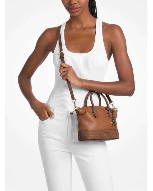 Michael Kors Outlet Brown Mk Hyde Small Pebbled And Signature Logo Satchel