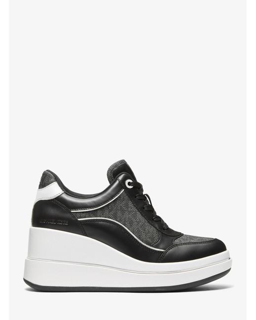 Michael Kors White Mk Emmy Signature Logo And Leather Wedge Trainer
