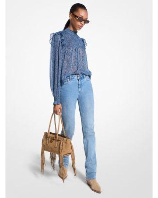 MICHAEL Michael Kors Blue Metallic Paisley Print Smocked Georgette Blouse