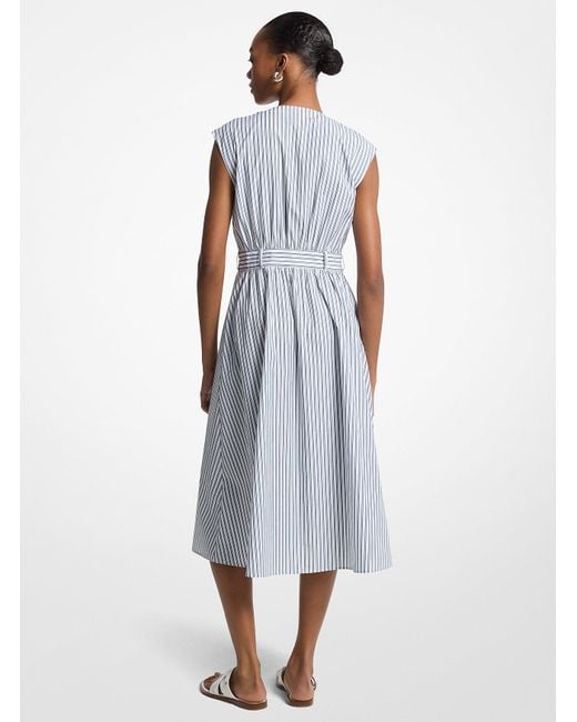 Mk Robe Mi-Longue En Popeline De Coton Rayée À Ceinture Michael Kors en coloris White