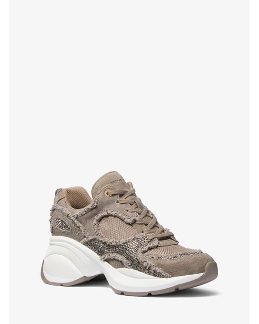 MICHAEL Michael Kors White Mk Zuma Embellished Frayed Mixed-Media Trainer