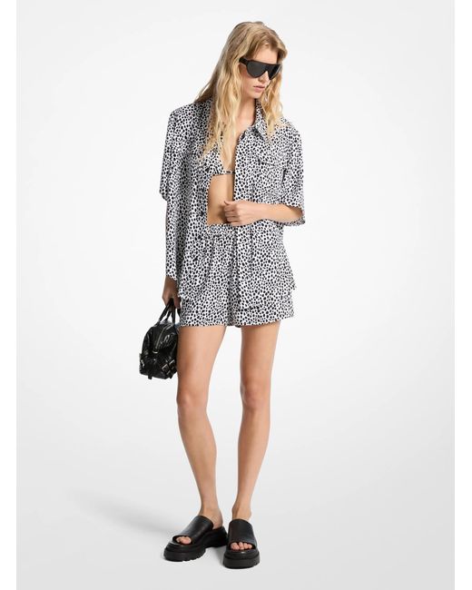 MICHAEL Michael Kors White Mk Cheetah Print Satin Camp Shirt