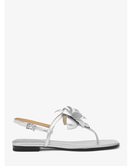MICHAEL Michael Kors White Mk Jacie Floral Embellished Metallic Leather T-Strap Sandal
