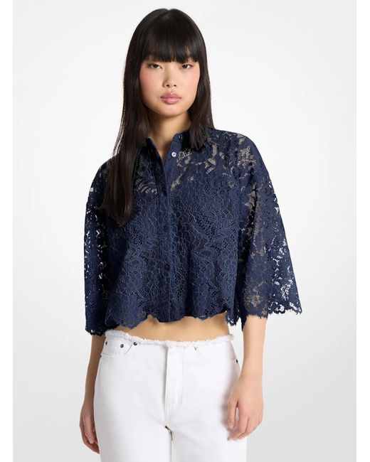 MICHAEL Michael Kors Blue Mk Corded Floral Lace Cropped Blouse