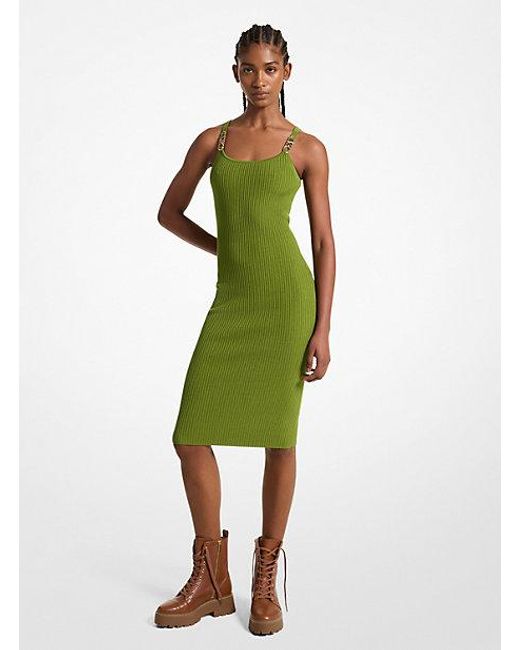 Michael Kors Green Mk Ribbed Stretch Knit Midi Tank Dress