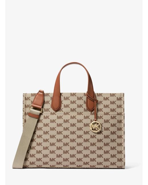 Michael Kors Outlet Brown Mk Gigi Large Logo Jacquard Large Tote Bag