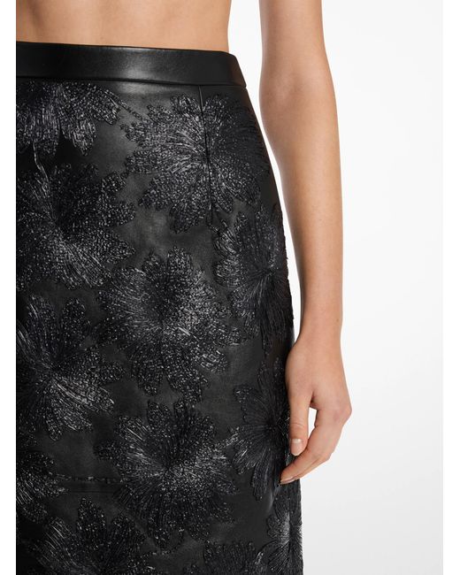 Michael Kors Black Mk Hand-Embroidered Floral Plongé Leather Skirt