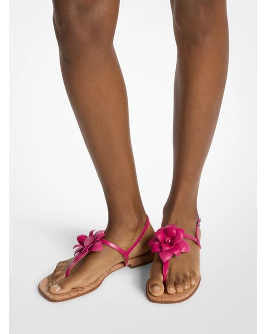 Michael Kors Pink Mk Jacie Floral Embellished Leather T-Strap Sandal