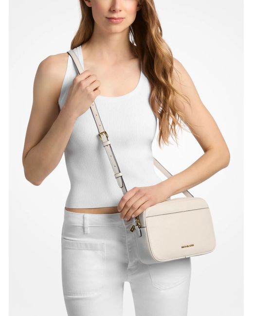 Michael Kors White Jet Set Large Pebbled Leather Camera Crossbody Bag