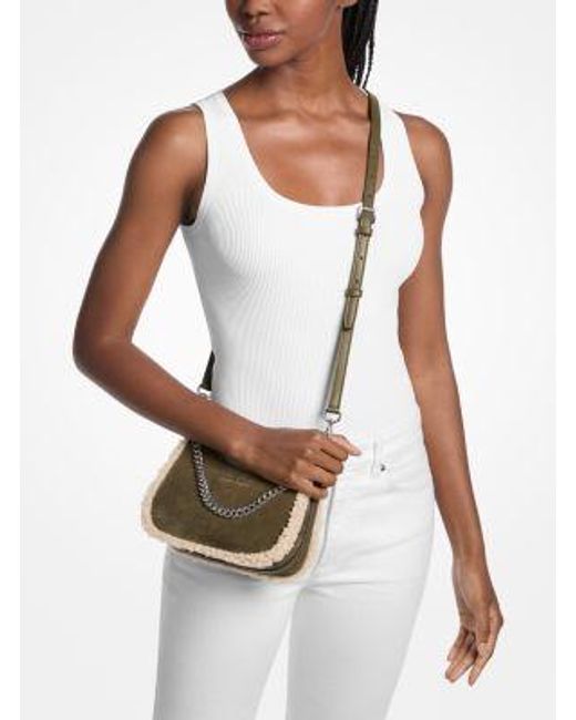 Michael Kors Green Jet Set Small Suede And Faux Shearling Convertible Crossbody Bag