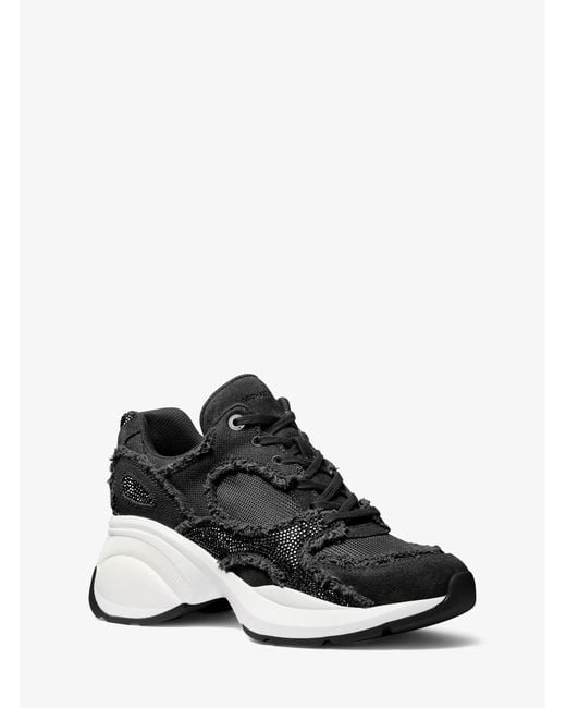 MICHAEL Michael Kors Black Mk Zuma Embellished Frayed Mixed-Media Trainer